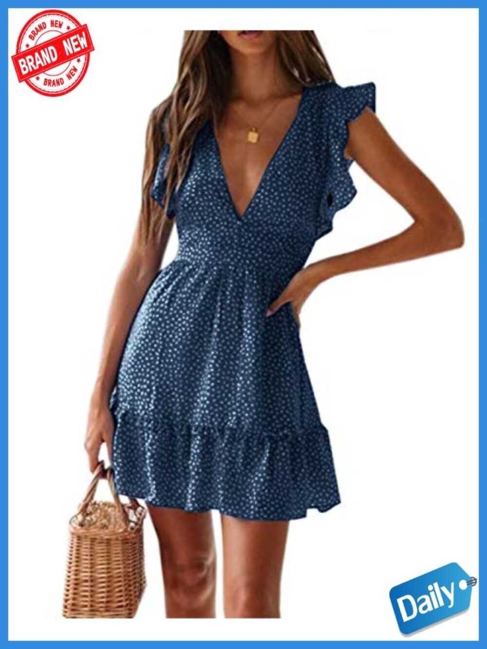 V Neck Ruffle Flutter Sleeve Polka Dot Mini Swing Dress Summer